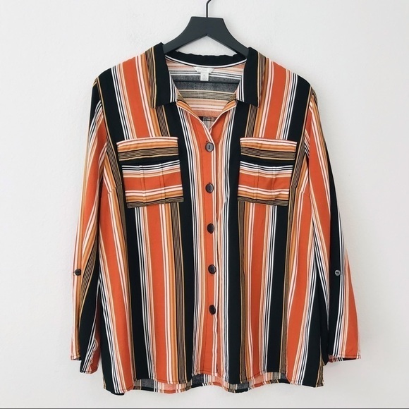 Cato 1946 Striped Southwestern Button Down Shirt Rolled Sleeves Top - Picture 2 of 12